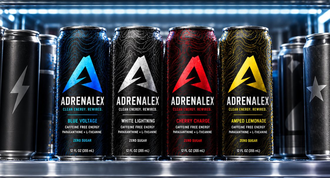 Adrenalex cans lined up on a lit cooler shelf beside generic energy drinks