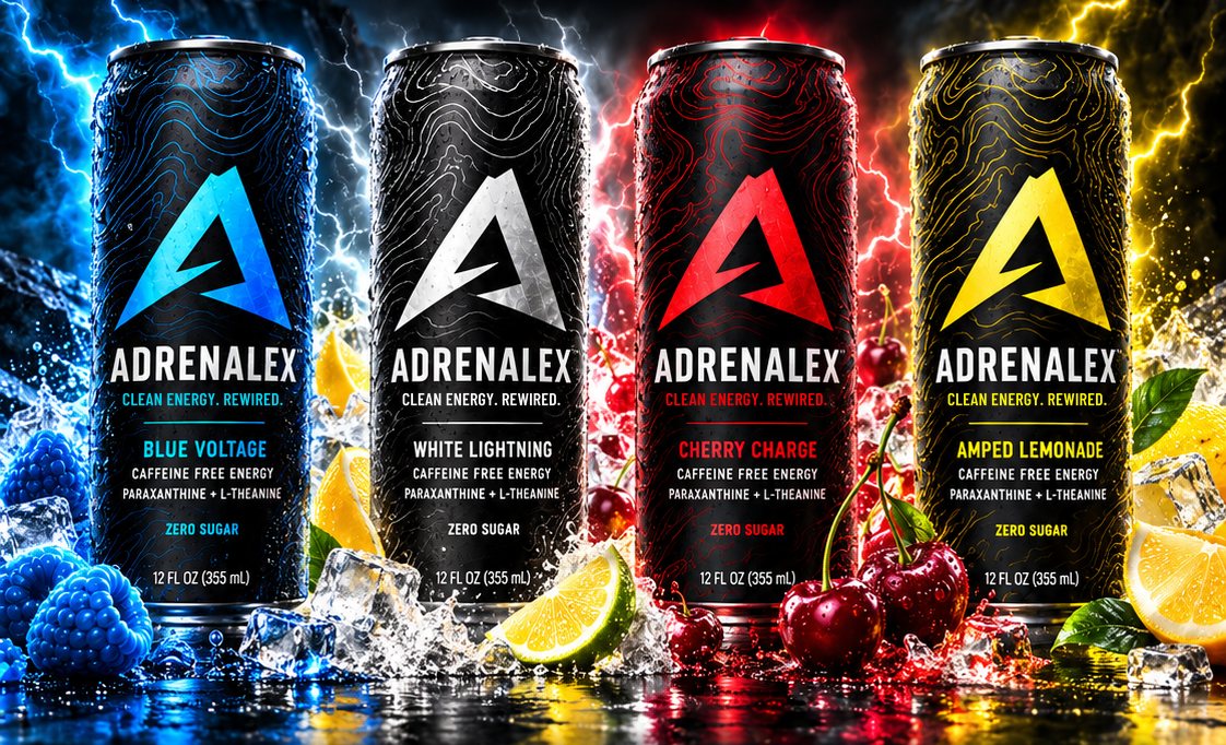 The four Adrenalex flavors in black slim cans: Blue Voltage, White Lightning, Cherry Charge and Amped Lemonade